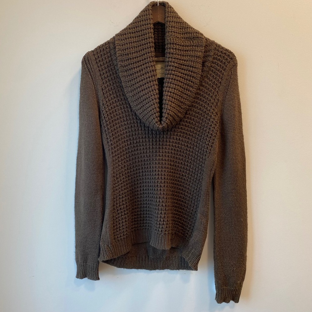 Angel of the North Sweater Sz L Brown Cowl Neck Waffle Knit Wool Blend Pullover